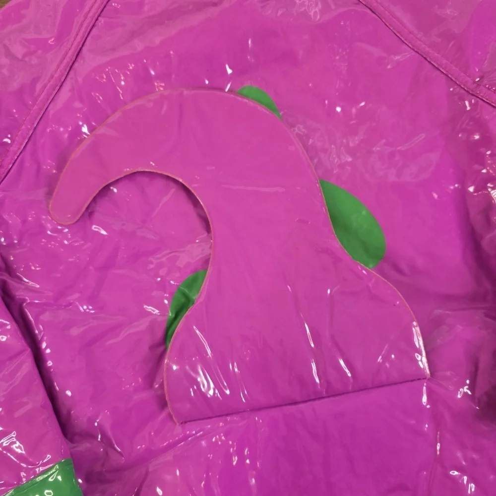 Vintage 90s Barney Dinosaur Kids Raincoat Hooded Purple PVC Jacket Costume